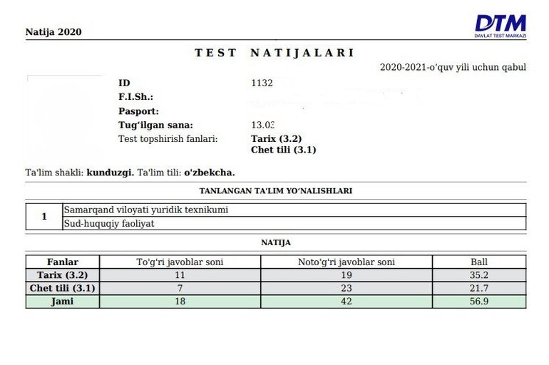 Yuridik texnikumlarga kirish test sinovi natijalari e’lon qilindi (2020-2021)