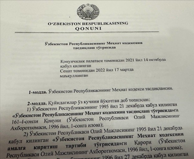 Yangi Mehnat kodeksi qabul qilindi, qanday o‘zgarishlar bor?